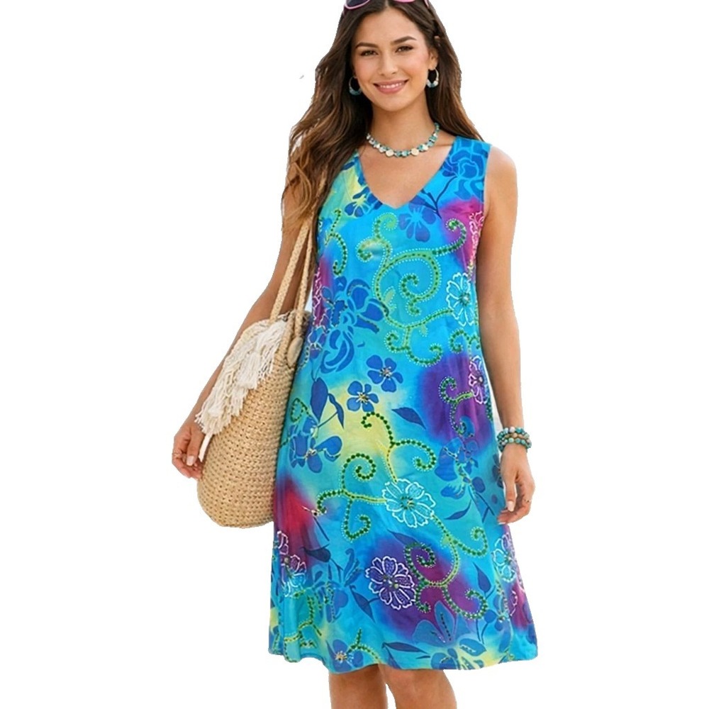 Vtg PEPPERMINT BAY‎ Size Medium 100% Rayon Sequin Beaded Boho Beach Resort Dress